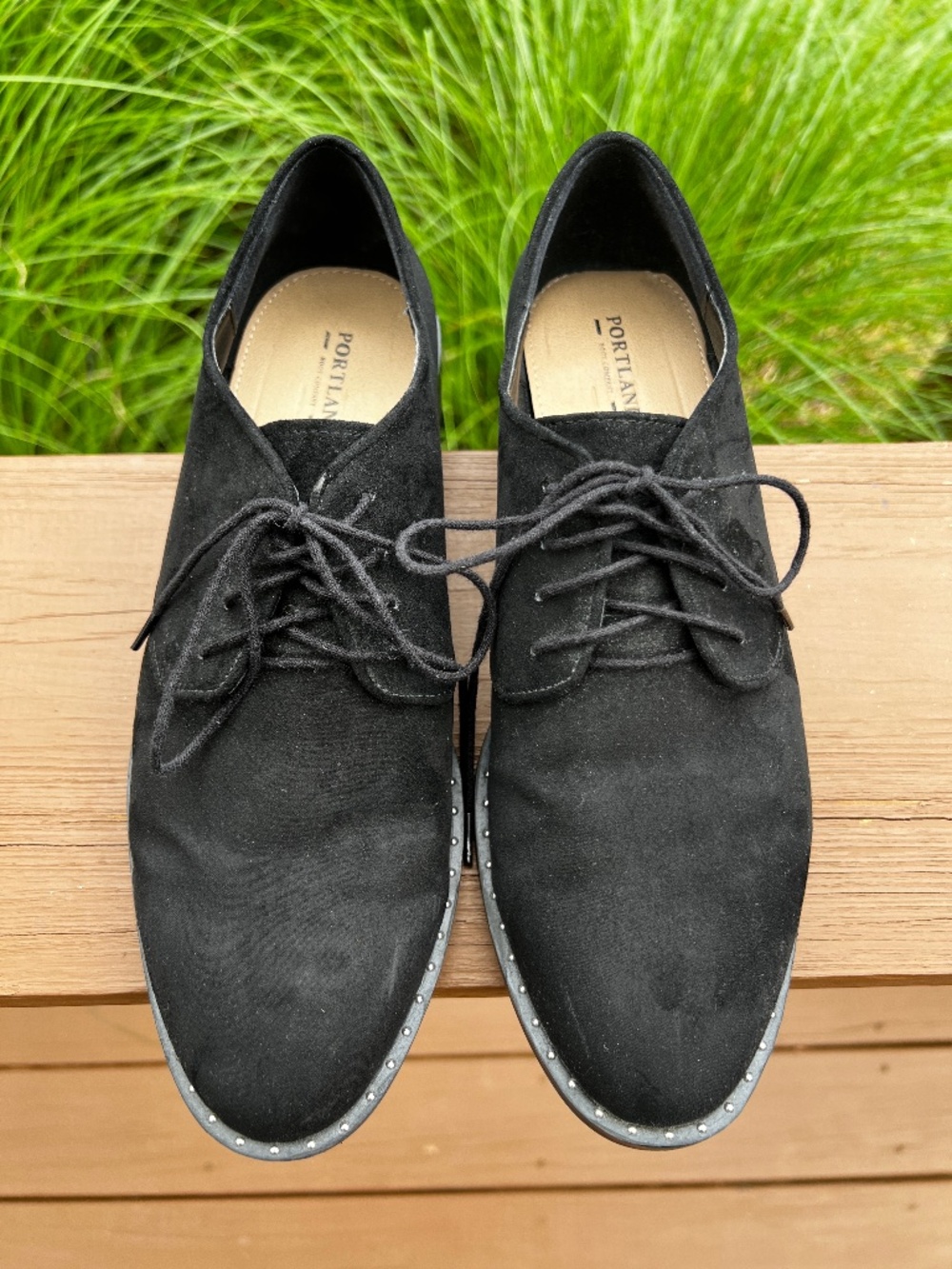 Black microsuede lace-up low-heel Oxford-like shoes. Size 8.5. women's